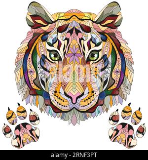 Head of tiger with paws zentangle styled for t-shirt design, tattoo and other decorations Stock Vector