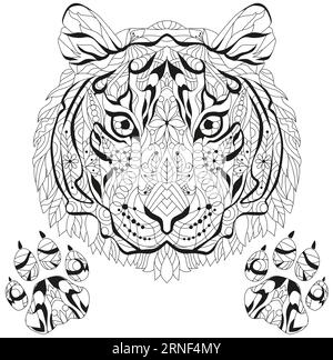 Head of tiger with paws zentangle styled for coloring, for t-shirt design, tattoo and other decorations Stock Vector