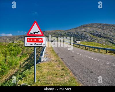 Segnali stradali che segnalano che le lontre potrebbero attraversare la strada davanti. Preso al ponte per l'isola di Scalpay nelle Ebridi esterne, Scozia, Regno Unito, su a S Foto Stock