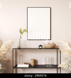 Corridoio interno Japandi boho beige con consolle nera e sfondo verde vegetale. Soggiorno australiano moderno e leggero con cestino in vimini. rendering 3d. Foto Stock