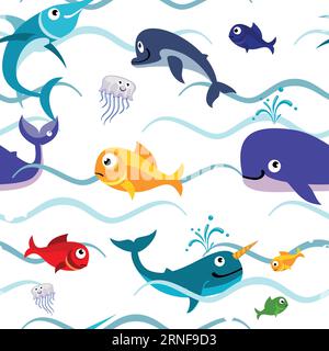 Animali sott'acqua in onde d'acqua. Motivo senza cuciture dei cartoni animati Illustrazione Vettoriale