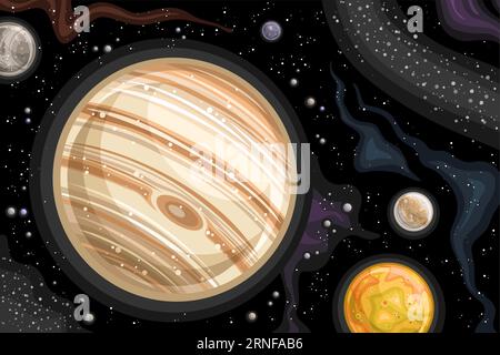 Vector Fantasy Space Chart, poster astronomico orizzontale con disegno di cartoni animati pianeta Giove gigante gassoso e satelliti orbitanti nello spazio profondo, decorato Illustrazione Vettoriale