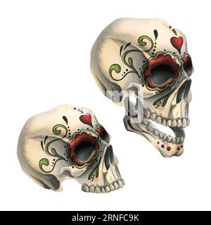 Il profilo dei teschi umani con un ornamento dipinto è malvagio, terribile. Illustrazione ad acquerello disegnata a mano per il giorno dei morti, halloween, dia de los muertos Foto Stock