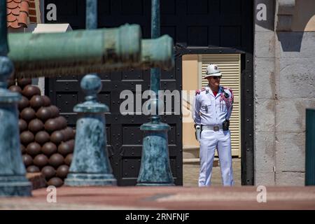 Un soldato in parata fuori dal Palazzo del Principe, Palais Princier, Monaco-Ville, Monaco, Francia Foto Stock