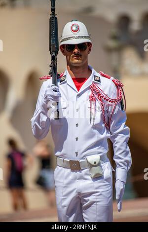 Un soldato in parata fuori dal Palazzo del Principe, Palais Princier, Monaco-Ville, Monaco, Francia Foto Stock