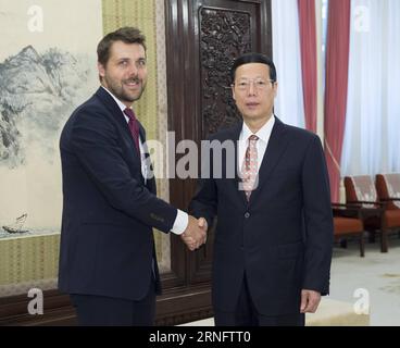 Il vice Premier cinese Zhang Gaoli (R) incontra Brian Deese, consulente senior del presidente degli Stati Uniti Barack Obama, a Pechino, capitale della Cina, 24 agosto 2016. ) (mcg) CHINA-U.S.-MEETING (CN) WangxYe PUBLICATIONxNOTxINxCHN il vice Premier cinese Zhang Gaoli r incontra Brian Deese Senior Advisor del presidente degli Stati Uniti Barack Obama a Pechino capitale della Cina 24 agosto 2016 mcg China U S Meeting CN WangXYe PUBLICATIONxNOTxINxCHN Foto Stock