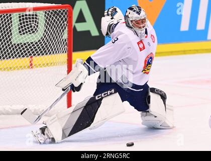 Ostrava, Repubblica Ceca. 1 settembre 2023. Portiere dell'HC Vitkovice Lukas Klimes in azione durante la partita di hockey su ghiaccio Champions League: HC Vitkovice Ridera vs EHC Red Bull Monaco (Germania) a Ostrava, Repubblica Ceca, 1 settembre 2023. Crediti: Jaroslav Ozana/CTK Photo/Alamy Live News Foto Stock