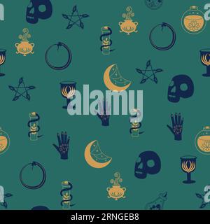 Motivi magici e paradisiaci, con elementi magici come serpente, occhio, carte tarocchi, mano, cranio, pozione, luna, farfalla, funghi, stelle. Symb Illustrazione Vettoriale