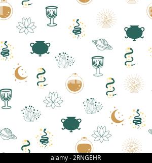 Motivi magici e paradisiaci, con elementi magici come serpente, occhio, carte tarocchi, mano, cranio, pozione, luna, farfalla, funghi, stelle. Symb Illustrazione Vettoriale