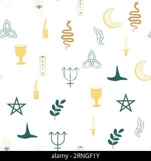 Motivi magici e paradisiaci, con elementi magici come serpente, occhio, carte tarocchi, mano, cranio, pozione, luna, farfalla, funghi, stelle. Symb Illustrazione Vettoriale