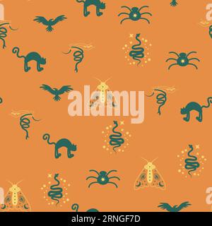 Motivi magici e paradisiaci, con elementi magici come serpente, occhio, carte tarocchi, mano, cranio, pozione, luna, farfalla, funghi, stelle. Symb Illustrazione Vettoriale