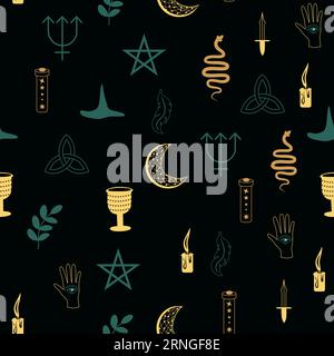 Motivi magici e paradisiaci, con elementi magici come serpente, occhio, carte tarocchi, mano, cranio, pozione, luna, farfalla, funghi, stelle. Symb Illustrazione Vettoriale