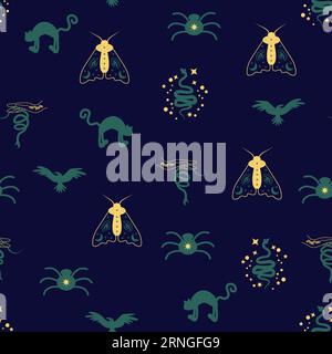 Motivi magici e paradisiaci, con elementi magici come serpente, occhio, carte tarocchi, mano, cranio, pozione, luna, farfalla, funghi, stelle. Symb Illustrazione Vettoriale