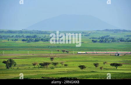 neue Eisenbahnstrecke zwischen der Hauptstadt Addis Abeba und Dschibuti (161004) -- ADDIS ABEBA, 4 ottobre 2016 -- Un treno corre sulla ferrovia Etiopia-Gibuti durante un test operativo nei pressi di Addis Abeba, Etiopia, il 3 ottobre 2016. La prima ferrovia elettrificata moderna dell'Africa -- la ferrovia Etiopia-Gibuti costruita da aziende cinesi, è destinata a diventare pienamente operativa mercoledì. ) (nxl) ETIOPIA-ADDIS ABEBA-GIBUTI-RAILWAY LixBaishun PUBLICATIONxNOTxINxCHN nuova linea ferroviaria tra la capitale Addis Abeba e Gibuti Addis Abeba OCT 4 2016 un treno corre SULLA ferrovia Etiopia Gibuti durante Foto Stock