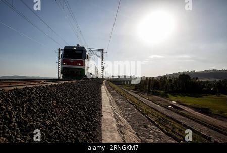 neue Eisenbahnstrecke zwischen der Hauptstadt Addis Abeba und Dschibuti (161004) -- ADDIS ABEBA, 4 ottobre 2016 -- Un treno corre sulla ferrovia Etiopia-Gibuti durante un test operativo nei pressi di Addis Abeba, Etiopia, il 3 ottobre 2016. La prima ferrovia elettrificata moderna dell'Africa -- la ferrovia Etiopia-Gibuti costruita da aziende cinesi, è destinata a diventare pienamente operativa mercoledì. ) (nxl) ETIOPIA-ADDIS ABEBA-GIBUTI-RAILWAY ZhouxXiaoxiong PUBLICATIONxNOTxINxCHN nuova linea ferroviaria tra la capitale Addis Abeba e Gibuti Addis Abeba ottobre 4 2016 un treno corre SULLA ferrovia Etiopia Gibuti dur Foto Stock