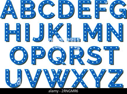 Alfabeto lampada a lampadina retrò. Carattere decorativo blu Illustrazione Vettoriale