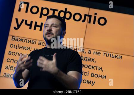 Kyiv, Ukraine. 01st Sep, 2023. Ukrainian President Volodymyr Zelenskyy delivers remarks during a presentation on a new digital educational project for Ukrainian school children called Mriia on the Day of Knowledge, September 1 2023 in Kyiv, Ukraine. Credit: Ukraine Presidency/Ukrainian Presidential Press Office/Alamy Live News Stock Photo