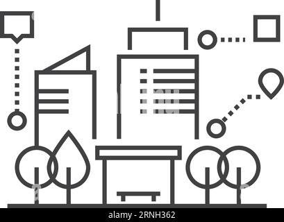 Tecnologia AR. Paesaggio urbano con l'icona delle caselle di informazioni Illustrazione Vettoriale