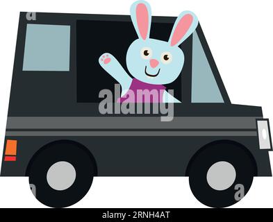 Funny rabbit in car. Cartoon driving animal icon Illustrazione Vettoriale