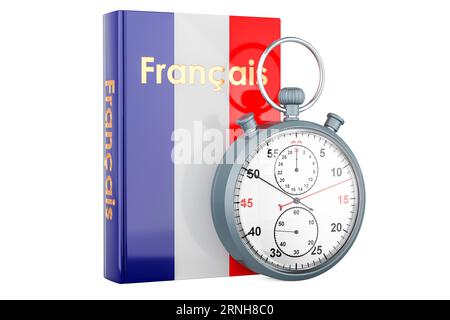 Libro di testo in lingua francese con cronometro. Corsi accelerati di lingua francese, rendering 3D isolato su sfondo bianco Foto Stock