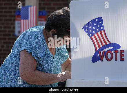 US-Präsidentschaftswahlen: Stimmabgabe in Los Angeles (161107) -- LOS ANGELES, Nov. 6, 2016 -- A voter fills out her ballot at a polling station in Los Angeles, California, the United States, on Nov. 6, 2016. According to state voting laws, 37 states and the District of Columbia allow voters to cast their ballots in person or through mail prior to the election day, while six states allow absentee voting with an excuse and seven do not allow any form of early voting. ) (hy) U.S.-CALIFORNIA-LOS ANGELES-EARLY VOTING ZhaoxHanrong PUBLICATIONxNOTxINxCHN   U.S. Presidential elections Votes in Los An Stock Photo