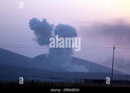 (161107) -- BASHIQAH (IRAQ), Nov. 7, 2016 () -- Smoke rises as Kurdish security forces, known as Peshmerga, launched attacks to retake the town of Bashiqah, some 30 km northeast of Mosul, Iraq, on Nov. 7, 2016. Kurdish security forces, known as Peshmerga, freed Monday a town from the Islamic State (IS) militants near the city of Mosul, a Kurdish security source said. The Peshmerga forces, backed by U.S.-led coalition airstrikes, started in the morning their operation to storm the town of Bashiqah, some 30 km northeast of Mosul, and managed to seize the town after fierce clashes during the day, Stock Photo