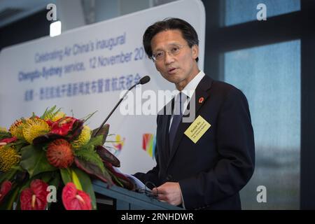 (161112) -- SYDNEY , 12 novembre 2016 -- GU Xiaojie, Console generale del Consolato generale della Cina a Sydney, parla alla celebrazione del servizio inaugurale di Air China Chengdu-Sydney a Sydney, Australia, 12 novembre 2016. Un aereo Airbus 330-200 di Air China ha toccato l'aeroporto di Sydney sabato, segnando la prima rotta diretta da Chengdu, capitale della provincia del Sichuan della Cina sud-occidentale, e l'inizio di un servizio attivo tre volte a settimana. )(gl) AUSTRALIA-SYDNEY-CHENGDU-AIR CHINA-VOLO DIRETTO ZhuxHongye PUBLICATIONxNOTxINxCHN Sydney 12 novembre 2016 GU Xiaojie Console generale del consolato Foto Stock