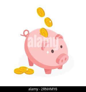 Maialino con moneta. Icona risparmio o accumulo di denaro, investimento. Icona salvadanaio in stile isometrico. vettore di illustrator. Illustrazione Vettoriale