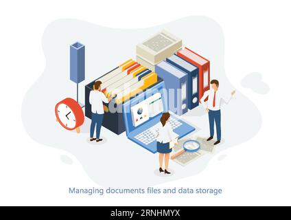 Vettore isometrico dei dipendenti dell'ufficio che gestiscono documenti cartacei, cartelle di file e archiviazione dati. Illustrazione Vettoriale