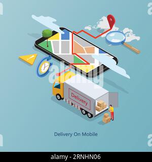 Online delivery on mobile with road and navigation, Smart logistics, Online order. Truck, warehouse and parcel box. website, banner. Isometric Vector Stock Vector