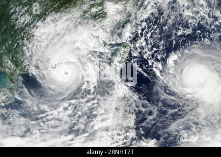 Hong Kong, China. 01st Sep, 2023. NOAA-NASA Suomi NPP satellite image showing Typhoon Saola, left, brushing past Hong Kong as it makes landfall in coastal China, September 1, 2023. To the right, farther out to sea, Typhoon Haikui was moving west toward Taiwan. Credit: Suomi NPP/NOAA-NASA/Alamy Live News Stock Photo