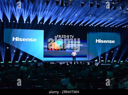 (230901) -- BERLIN, Sept. 1, 2023 (Xinhua) -- Photo taken on Sept. 1 2023 shows a press conference of Chinese company Hisense during the IFA 2023 in Berlin, capital of Germany. As one of the world's leading trade fairs for consumer electronics, the five-day IFA 2023 opened here on Friday with over 2,000 exhibitors from 48 countries and regions, a much greater scale than last year. According to IFA official website, nearly 1,300 Chinese exhibitors have registered in this year's event. Chinese companies such as Hisense, TCL and Haier have occupied some of the largest exhibit areas with various p Stock Photo