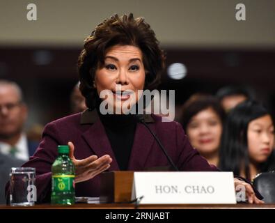 (170111) -- WASHINGTON, 11 gennaio 2017 -- Elaine Chao testimonia davanti al Senato USA Commerce, Science, and Transportation Committee durante l'audizione di conferma sulla sua nomina a Segretario dei trasporti a Capitol Hill a Washington D.C., negli Stati Uniti, l'11 gennaio 2017. La candidata di Trump per dirigere il Dipartimento dei trasporti degli Stati Uniti Elaine Chao ha avuto la sua audizione di conferma mercoledì. Chao fu vice segretario dei trasporti sotto l'ex presidente repubblicano George H.W. Bush, e segretario del lavoro sotto George W. Bush. ) U.S.-WASHINGTON D.C.-SEGRETARIO DEI TRASPORTI-CONF Foto Stock