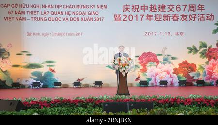 (170114) -- PECHINO, 13 gennaio 2017 -- il Segretario generale del Comitato centrale del Partito Comunista del Vietnam Nguyen Phu Trong, partecipa a un grande ricevimento in occasione del 67° anniversario dell'istituzione di relazioni diplomatiche bilaterali tra Cina e Vietnam, nonché del prossimo Capodanno lunare, a Pechino, capitale della Cina, 13 gennaio 2017. ) (Lb) CHINA-BEIJING-YU ZHENGSHENG-VIETNAM-NGUYEN PHU TRONG-ANNIVERSARY (CN) CuixXinyu PUBLICATIONxNOTxINxCHN Pechino 13 gennaio 2017 il segretario generale del Comitato centrale del Partito Comunista del Vietnam Nguyen Phu Trong partecipa a un grande ricevimento che segna il 6 Foto Stock