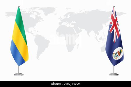 Gabon e Isole Cayman bandiere per un incontro ufficiale sullo sfondo della mappa mondiale. Illustrazione Vettoriale