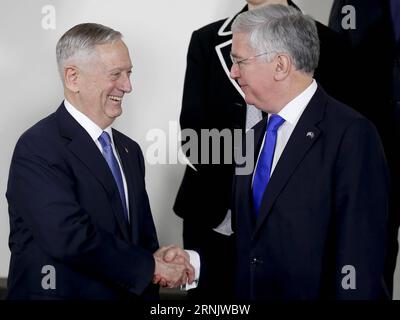 (170215) -- BRUXELLES, 15 febbraio 2017 -- il segretario alla difesa statunitense James Mattis (L) stringe la mano al suo omologo britannico Michael Fallon durante la sessione fotografica di gruppo durante una riunione dei ministri della difesa della NATO presso la sua sede centrale a Bruxelles, in Belgio, 15 febbraio 2017. ) BELGIO-BRUXELLES-NATO-RIUNIONE DEL MINISTRO DELLA DIFESA YexPingfan PUBLICATIONxNOTxINxCHN 170215 Bruxelles 15 febbraio 2017 il segretario alla difesa degli Stati Uniti James Mattis l Shakes Hands with HIS British Part Michael Fallon durante la sessione fotografica di gruppo durante una riunione del ministro della difesa della NATO PRESSO la sua sede centrale a Bruxelles Belgio 15 febbraio 2017 Belgio Bruxelles NATO Foto Stock