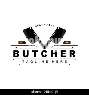 Logo Butcher, modello vettoriale utensile da taglio coltelli, illustrazione del marchio del prodotto Illustrazione Vettoriale