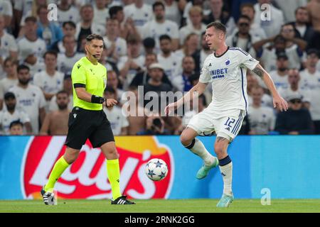 Kopenhaga, Danimarca. 30 agosto 2023. Lukas Lerager del FC Copenhagen è stato visto in azione durante la partita di calcio di Eliminations UEFA Champions League 2023/2024 tra FC Copenhagen e Rakow Czestochowa al Parken Stadium. Punteggio finale; FC Copenhagen 1:1 Rakow Czestochowa. Credito: SOPA Images Limited/Alamy Live News Foto Stock