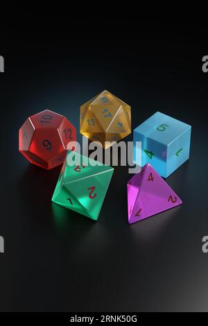 Set di dadi da gioco a forma di solidi platonici. illustrazione 3d. Foto Stock