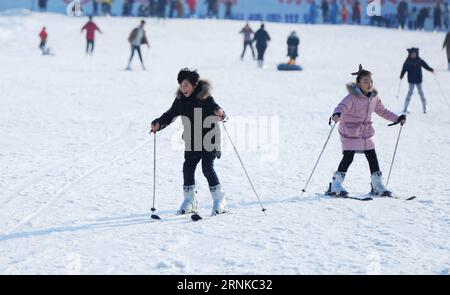 (170322) -- NANCHINO, 22 marzo 2017 -- i bambini si divertono a sciare in una località sciistica situata nella montagna Dajingshan a Xuzhou, nella provincia di Jiangsu, nella Cina orientale, 11 febbraio 2017. Con sempre più persone provenienti dal sud e dall'ovest della Cina che partecipano agli sport invernali, la popolarità degli sport invernali nella provincia di Jiangsu della Cina orientale ha iniziato a crescere rapidamente. Negli ultimi anni, a Jiangsu sono state aperte 13 piste di ghiaccio che utilizzano il capitale sociale. Gli operatori di queste piste di pattinaggio istituirono club per attirare più di 100.000 persone per praticare il pattinaggio. Il Century Star Rink, situato nel Nanjing Olympic Center, è il più grande al coperto Foto Stock