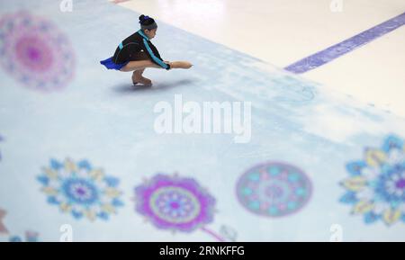 (170329) -- CHENGDU, 29 marzo 2017 -- Una ragazza pratica pattinaggio artistico in una pista di pattinaggio su ghiaccio situata in un centro commerciale a Chengdu, capitale della provincia del Sichuan della Cina sud-occidentale, 25 febbraio 2017. Negli ultimi anni, gli sport invernali sono sempre più popolari nel sud e nell'ovest della Cina. Il governo della provincia di Sichuan integra sport invernali, tempo libero e attività sportive e turismo su ghiaccio e neve, incoraggiando le risorse sociali a investire nella costruzione di luoghi e aprendo corsi di sport invernali e attirando sempre più persone a partecipare agli sport invernali. Circa 5.000 persone continuano a praticare sport invernali a Sichua Foto Stock