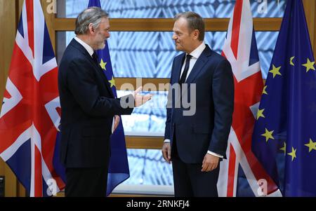 (170329) -- BRUXELLES, 29 marzo 2017 -- l'ambasciatore britannico presso l'UE Tim Barrow (L) si prepara a consegnare la lettera Brexit al presidente del Consiglio europeo Donald Tusk a Bruxelles, in Belgio, il 29 marzo 2017. Mercoledì la Gran Bretagna ha ufficialmente avviato lo storico processo di uscita dall'Unione europea (UE), in quanto la lettera firmata dal primo ministro Theresa May è stata inviata ai leader del blocco di 28 membri. (Djj) GRAN BRETAGNA-BREXIT-OFFICIAL BEGINNING Pool/DursunxAydemir PUBLICATIONxNOTxINxCHN Bruxelles marzo 29 2017 l'ambasciatore britannico presso l'UE Tim Barrow l si prepara a consegnare la lettera Brexit al Presid del Consiglio europeo Foto Stock