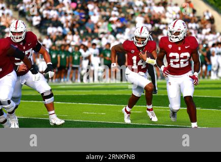 Honolulu, Hawaii, USA. 1 settembre 2023. Il quarterback degli Stanford Cardinal ASHTON DANIELS (14) seguì i bloccanti durante un sweep durante il primo quarto di una partita tra gli Stanford Cardinal e gli Hawaii Warriors giocata al Clarence T.C. Ching Stadium, Honolulu, Hawaii. (Immagine di credito: © Steven Erler/ZUMA Press Wire) SOLO USO EDITORIALE! Non per USO commerciale! Foto Stock