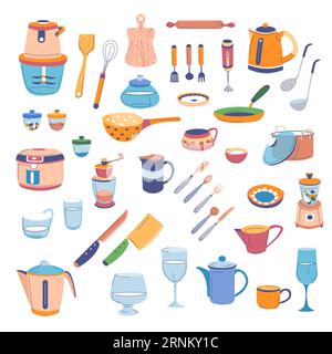Utensili da cucina e posate, set elettrodomestici Illustrazione Vettoriale