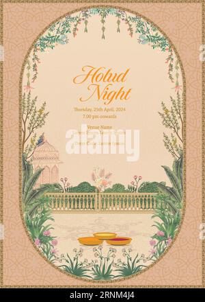 Illustrazione vettoriale del disegno della carta d'invito della notte di Holud di nozze Mughal tradizionale indiano. Illustrazione Vettoriale
