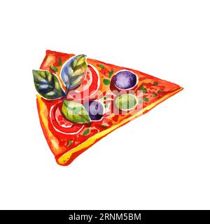 Fetta di pizza disegnata a mano, schizzo ad acquerello Foto Stock