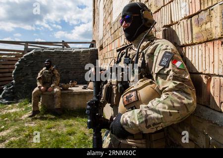 (170512) -- ZALAHALAP, 12 maggio 2017 -- i soldati partecipano all'esercitazione sull'elicottero Fire Blade 2017 presso la base di Ujdorogd a Zalahalap, Ungheria occidentale, l'11 maggio 2017. L'undicesima esercitazione elicotteristica condotta sotto l'egida del programma di esercitazione elicotteri dell'Agenzia europea per la difesa si è svolta dal 1° al 12 maggio 2017 con la partecipazione di circa 450 persone e 14 elicotteri provenienti da Austria, Belgio, Germania, Ungheria e Slovenia. )(gj) HUNGARY-ZALAHALAP-HELICOPTER EXERCISE AttilaxVolgyi PUBLICATIONxNOTxINxCHN 12 maggio 2017 soldati partecipano all'ESERCITAZIONE Fire Blade 2017 Helicopter A Foto Stock