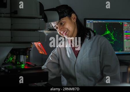 (170515) -- CANBERRA, 15 maggio 2017 -- la foto non datata fornita dall'Australian National University () mostra il Dr. Vini Gautam della Research School of Engineering of the Doing Research for the Brain Cells Growing on semiconductor wafer che è stato modellato con nanofili. I ricercatori della hanno sviluppato una svolta nel consentire alle cellule cerebrali di crescere e formare circuiti prevedibili in uno sviluppo che potrebbe portare alla creazione di protesi per l'organo vitale. )(gl) AUSTRALIA-CANBERRA--BRAIN-CHIP ANU PUBLICATIONxNOTxINxCHN Canberra 15 maggio 2017 la foto non datata fornita dall'Aus Foto Stock