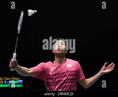 (170522) - GOLD COAST, 22 maggio 2017 -- Chou Tien Chen del Taipei cinese compete durante la partita maschile singola del gruppo 1B contro il sergente Sirant russo alla BWF Sudirman Cup 2017 a Gold Coast, Australia, 22 maggio 2017. ) (SP)AUSTRALIA-GOLD COAST-BADMINTON-SUDIRMAN CUP LuixSiuxWai PUBLICATIONxNOTxINxCHN Gold Coast 22 maggio 2017 Chou Tien Chen del Taipei cinese compete durante la Men S Singles Match del gruppo 1B contro Sergey della Russia IN totale BWF Sudirman Cup 2017 in Gold Coast Australia 22 maggio 2017 SP Australia Gold Coast Badminton Sudirman Cup LuixSiuxWai PUBLICATI Foto Stock