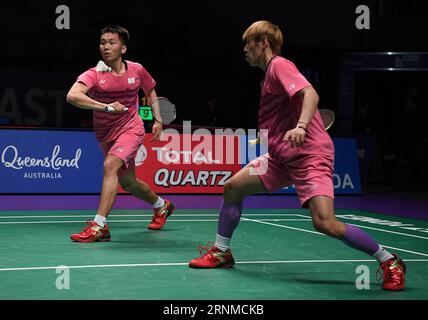 (170522) - GOLD COAST, 22 maggio 2017 -- Lee Jhe-Huei (R)/Lee Yang del Taipei cinese competono durante la partita di doppio maschile del gruppo 1B contro Vladimir Ivanov/Ivan Sozonov della Russia alla TOTAL BWF Sudirman Cup 2017 a Gold Coast, Australia, 22 maggio 2017. ) (SP)AUSTRALIA-GOLD COAST-BADMINTON-SUDIRMAN CUP LuixSiuxWai PUBLICATIONxNOTxINxCHN Gold Coast 22 maggio 2017 Lee huei r Lee Yang del Taipei cinese competono durante la Men S Doubles Match del gruppo 1B contro Vladimir Ivanov Ivan Sozonov della Russia AL totale BWF Sudirman Cup 2017 nella Gold Coast Australia 22 maggio 2017 SP Australia Gold Foto Stock